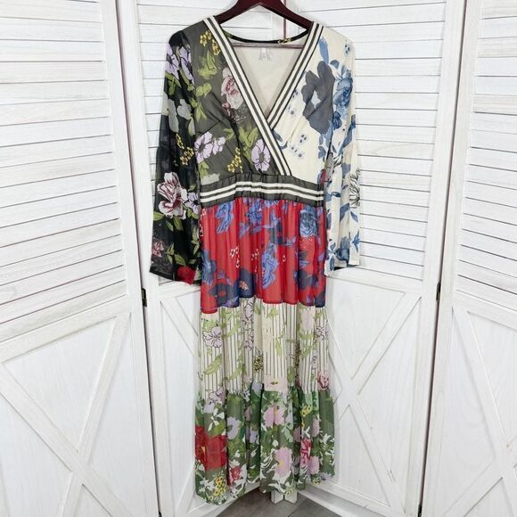 Kaktus Floral Patternblock Patchwork Tiered Maxi Dress Small Cottagecore Boho - Picture 9 of 14
